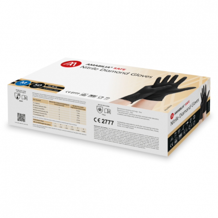 Amabilia Nitrile Diamond Glove Black Medium 50 pcs - 10 fp/kart i gruppen Säkerhet och skydd / Skyddsutrustning / Engångshandskar hos VISAB i Skandinavien AB (PGL105033)